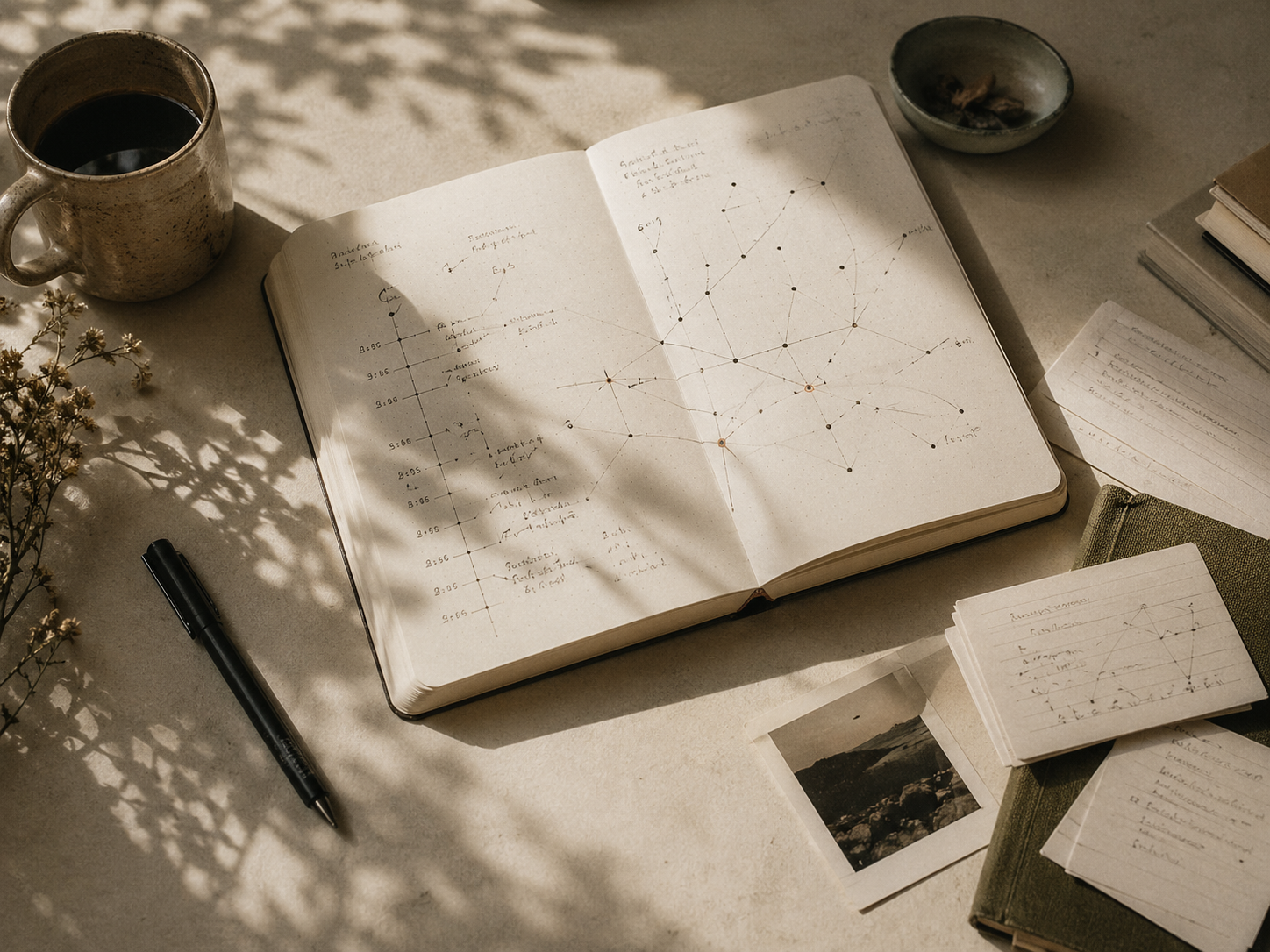 A desk scene with a notebook, timestamp marks, and a subtle network map.